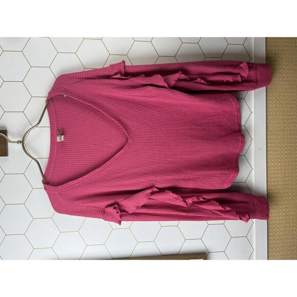 Pilcro by Anthropologie Pink Waffle Ruffled V-Neck Top - Size - Small - Picture 6 of 6